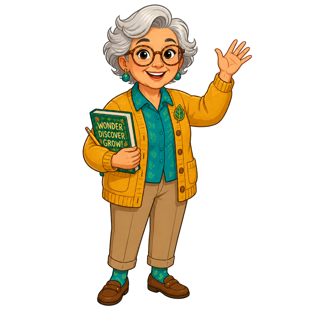 Cartoon illustration of Fern, a smiling retired teacher holding a book and waving